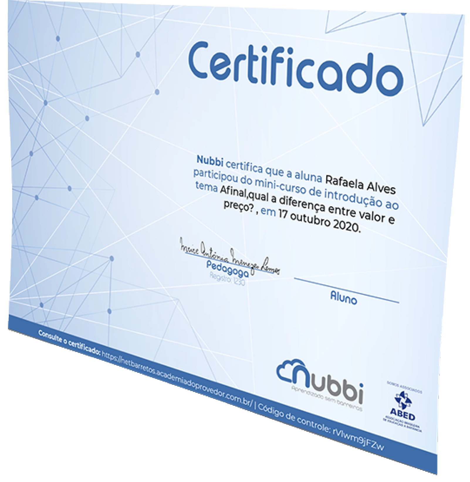 Exemplo de certificado de conclusão emitido pela Lev Educa