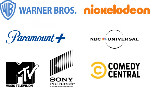 Logos dos estúdios parceiros: Warner Bros., Nickelodeon, Paramount+, NBC Universal, MTV, Sony Pictures, Comedy Central